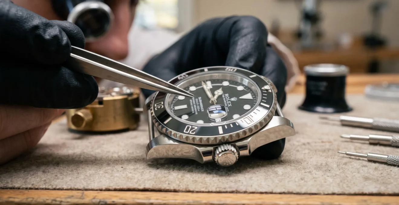 Gros plan sur les mains gantées d'un horloger contrôlant la lunette tournante d'une montre de plongée en acier à l'atelier.
