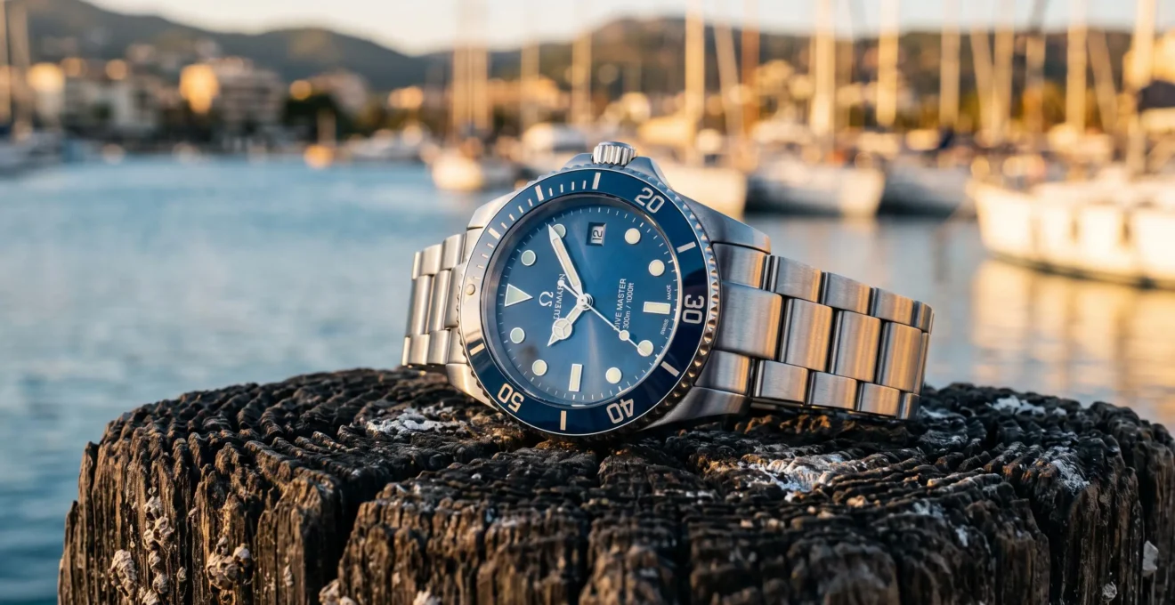 Une montre de plongée en acier au cadran bleu posée sur un poteau de quai en bois dans un port au coucher du soleil.