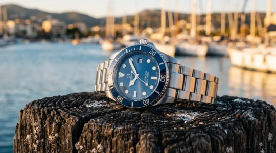 Une montre de plongée en acier au cadran bleu posée sur un poteau de quai en bois dans un port au coucher du soleil.